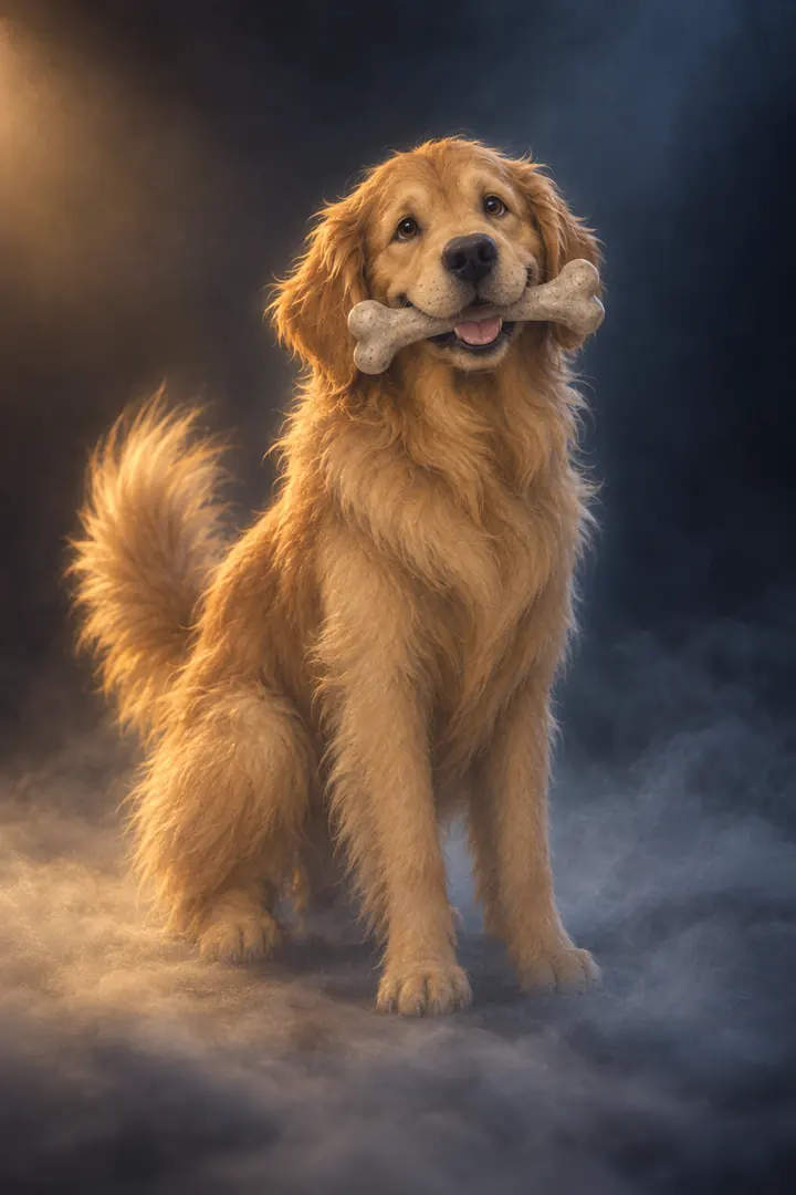Moose, golden retriever in Maya and the Fog