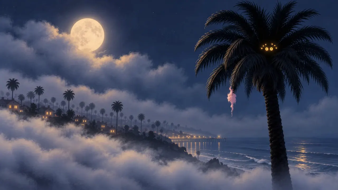 A palm tree above the foggy California coast at night, with eight glowing eyes in its crown and a strand of pink thread.