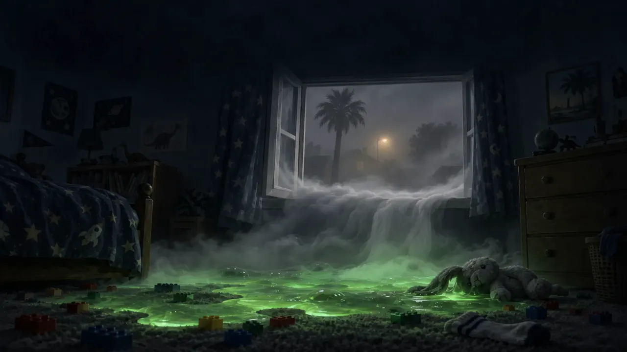 Fog pours through a bedroom window and glowing green slime spreads across the carpet, swallowing toys.