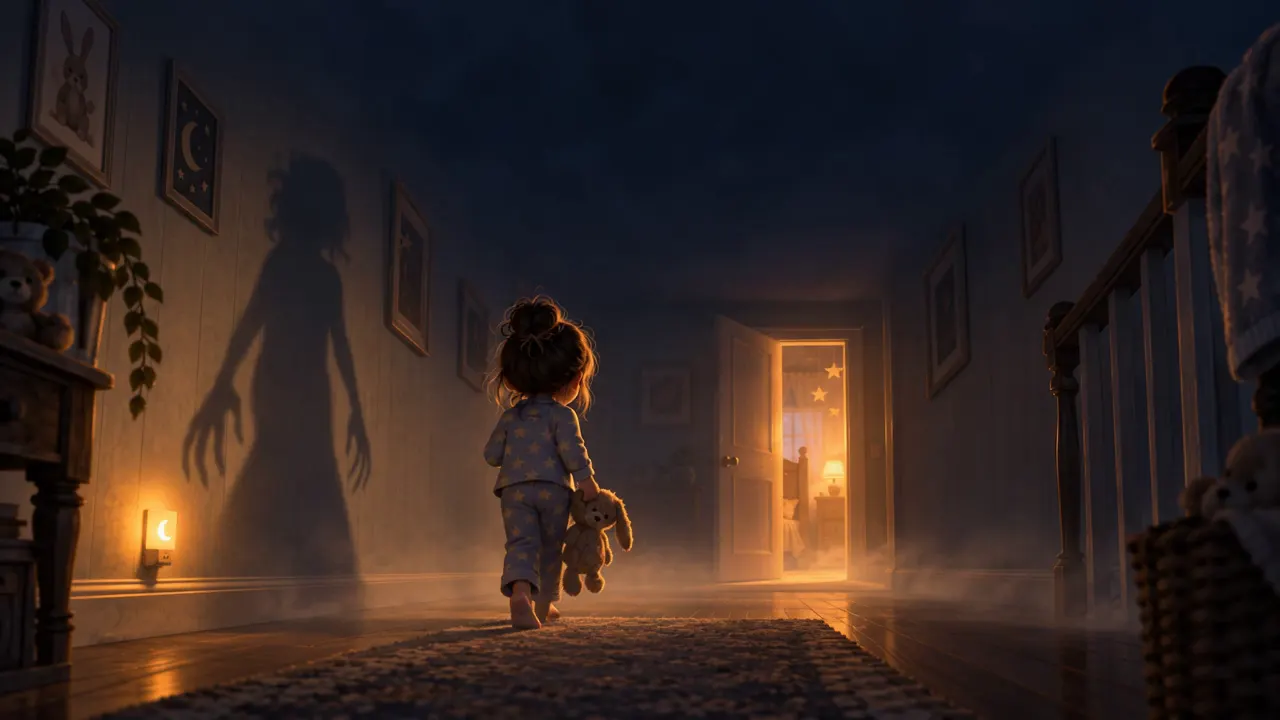 Maya in star pajamas holds her teddy in a lamplit hallway while a tall clawed shadow stretches up the wall.
